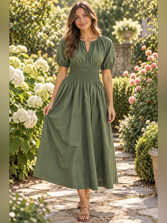 J. Crew Dresses & Skirts - J. Crew Olive Green Midi Dress with Smocked Waist Size Medium